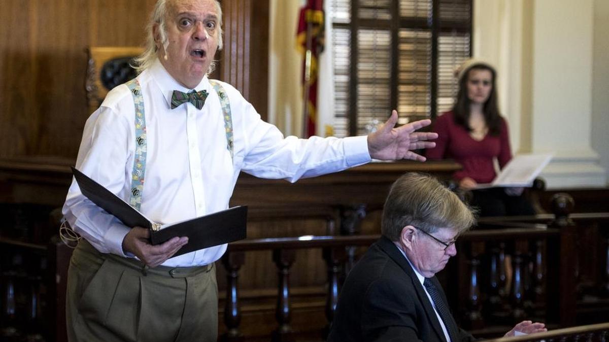 Actor David Keymer plays Matthew Harrison Brady during a dress rehearsal of “Inherit the Wind” at the Merced County Courthouse Museum on Saturday, Feb. 27, 2016. The production highlights the 1925 Scopes monkey trial. John Scopes, a Dayton, Tenn., public high school teacher, was convicted and fined $100 for teaching evolution in his classroom.