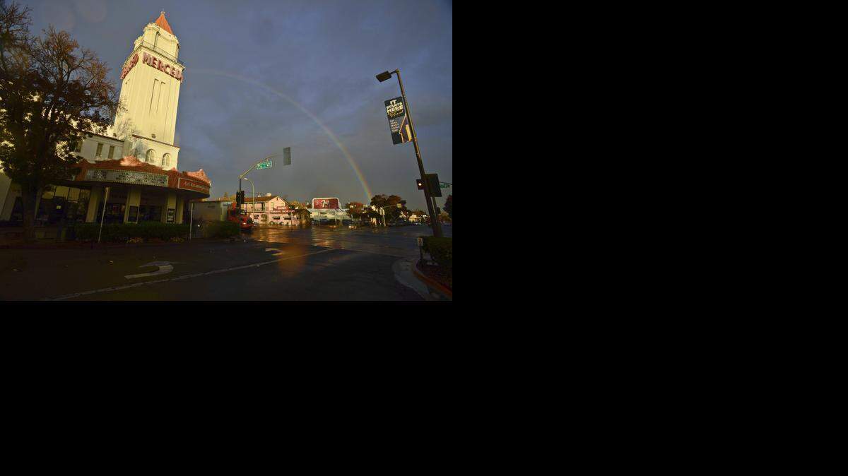 
A rainbow appears over Merced following an afternoon shower on Thursday.
