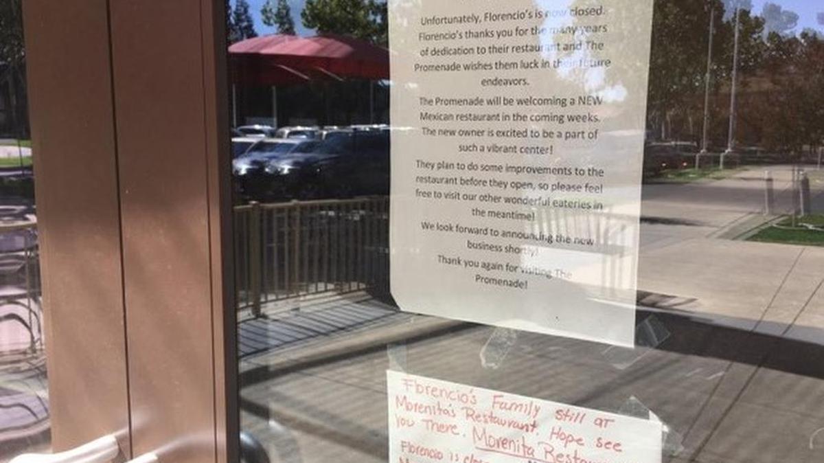 Florencio's Mexican Restaurant, a popular spot to get a bite in the promenade on Yosemite Avenue, has recently closed its doors. A notice informing people hangs on its doors on Thursday Oct. 5, 2017.