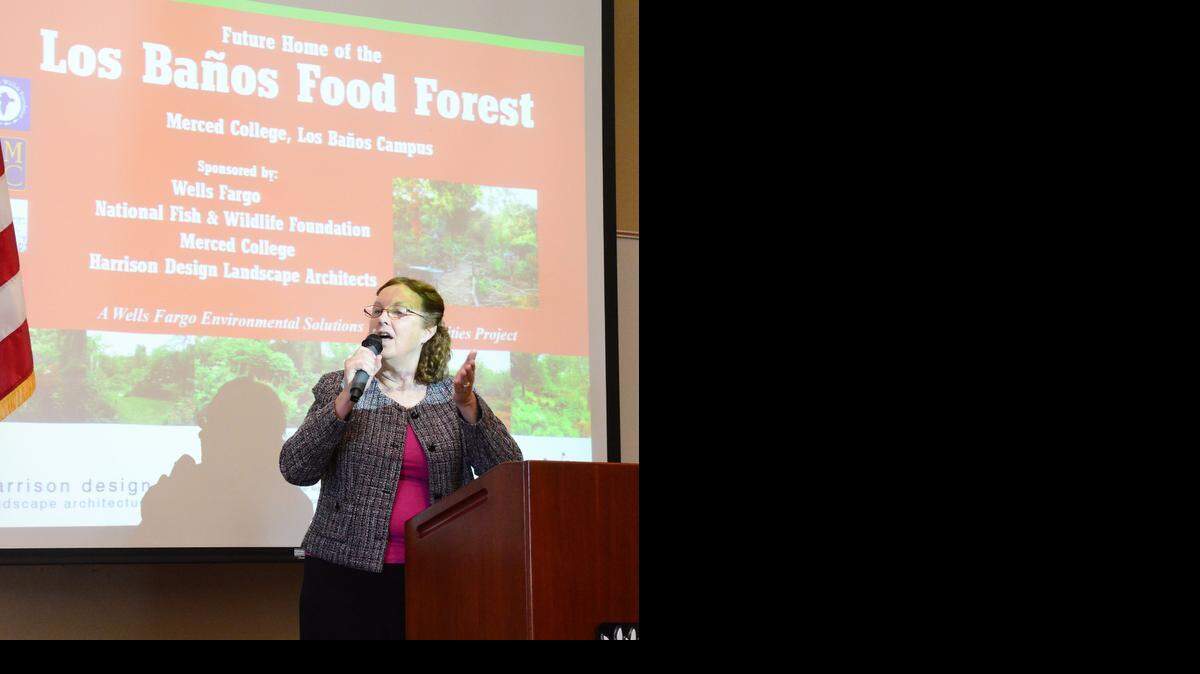 
Brenda Latham, dean of Merced College, Los Banos campus, speaks at a press conference and groundbreaking for the Food Forest on campus on Friday morning in Los Banos.
