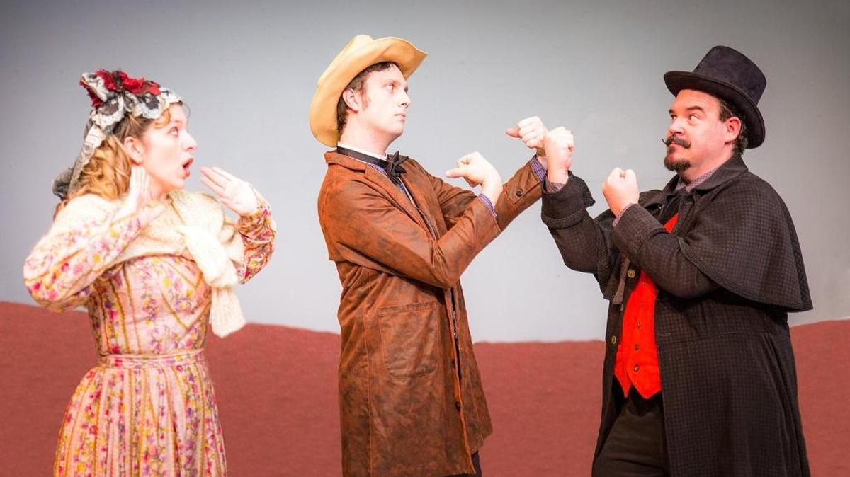 Melissa Beckwith stars as Chrysanthemum Rose while Chris Battisti, left, is Deadwood Dick and Stephen Mouillesseaux is Maleficio Montjoy in “Deadwood Dick” at Playhouse Merced. The melodrama premieres at 7:30 p.m. Friday, April 8, 2016.