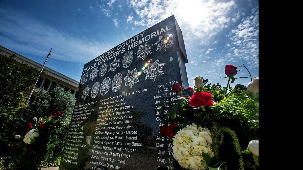 
Wreaths are placed at the Merced County Peace Officers Memorial outside the Merced County Executive Office at 2222 M St. on May 13. The Merced County Peace Officers Memorial Ceremony will be held Wednesday at the Art Kamangar Center Merced Theatre.
