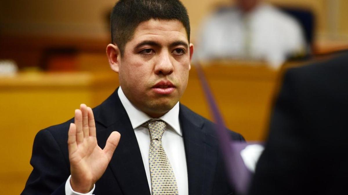 Councilman Anthony Martinez takes the oath of office on Monday in the Merced City Council chambers.
