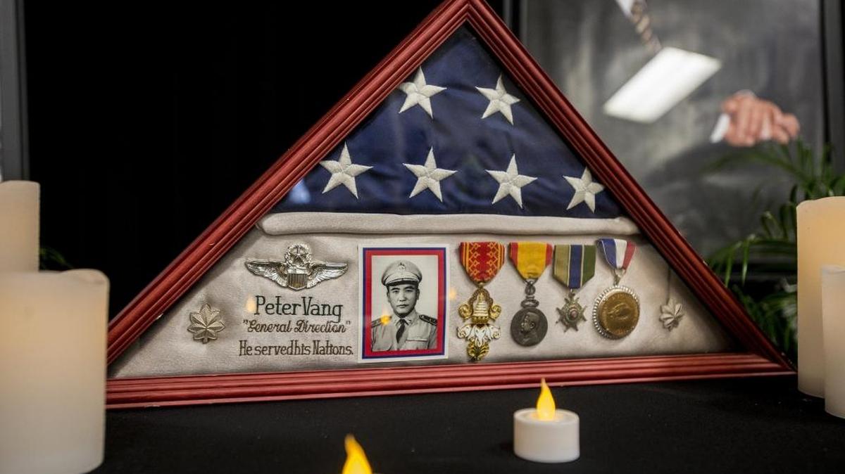 A memorial to the late Lt. Col. Vang Chou, also known as Peter Chou Vang, at the Hmongstory 40 exhibit is seen at the Merced County Fairgrounds on Saturday, May 7, 2016.