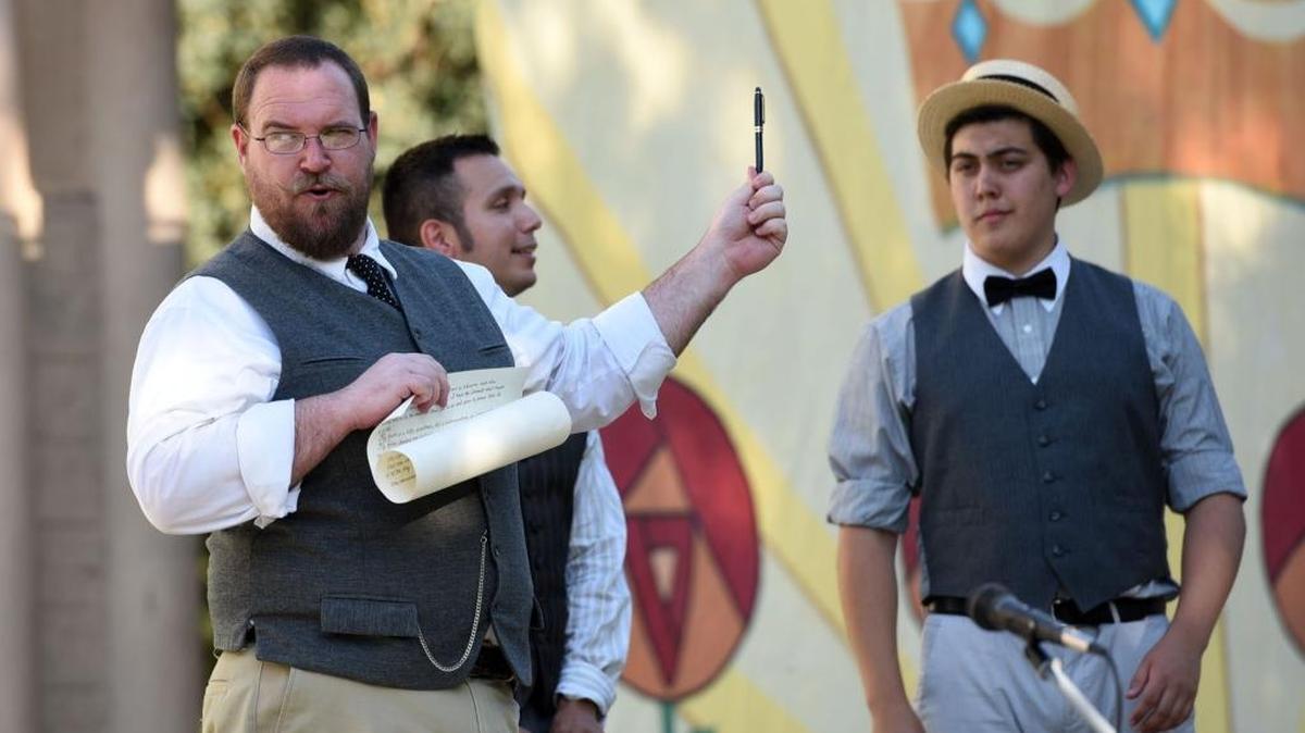 Stephen Mouillesseaux portrays Ferdinand, who tries to convince his friends to sign a pledge to study for three years while ignoring all distractions, including women, during the performance of “Love’s Labour’s Lost” at Applegate Park on Sunday, Sept. 11, 2016.