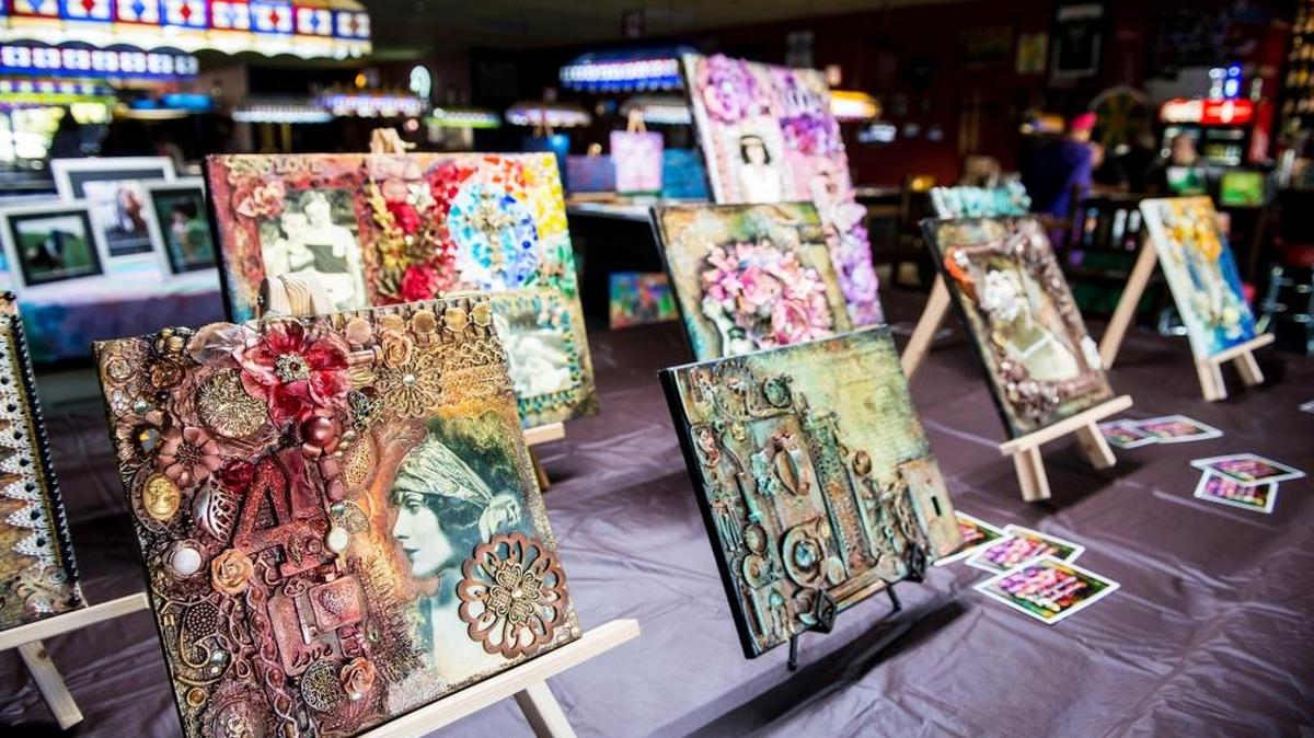 Artwork by Merced artist Jennifer Dudley, 34, is on display at The Cue Spot Billiards during the Merced Art Hop in Merced, Calif., Saturday, April 16, 2016.
