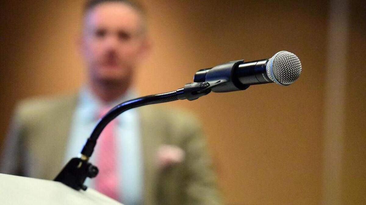 This microphone is used by members of the public to comment during Merced City Council meetings. The council adopted new, controversial decorum rules by a 4-2 vote.