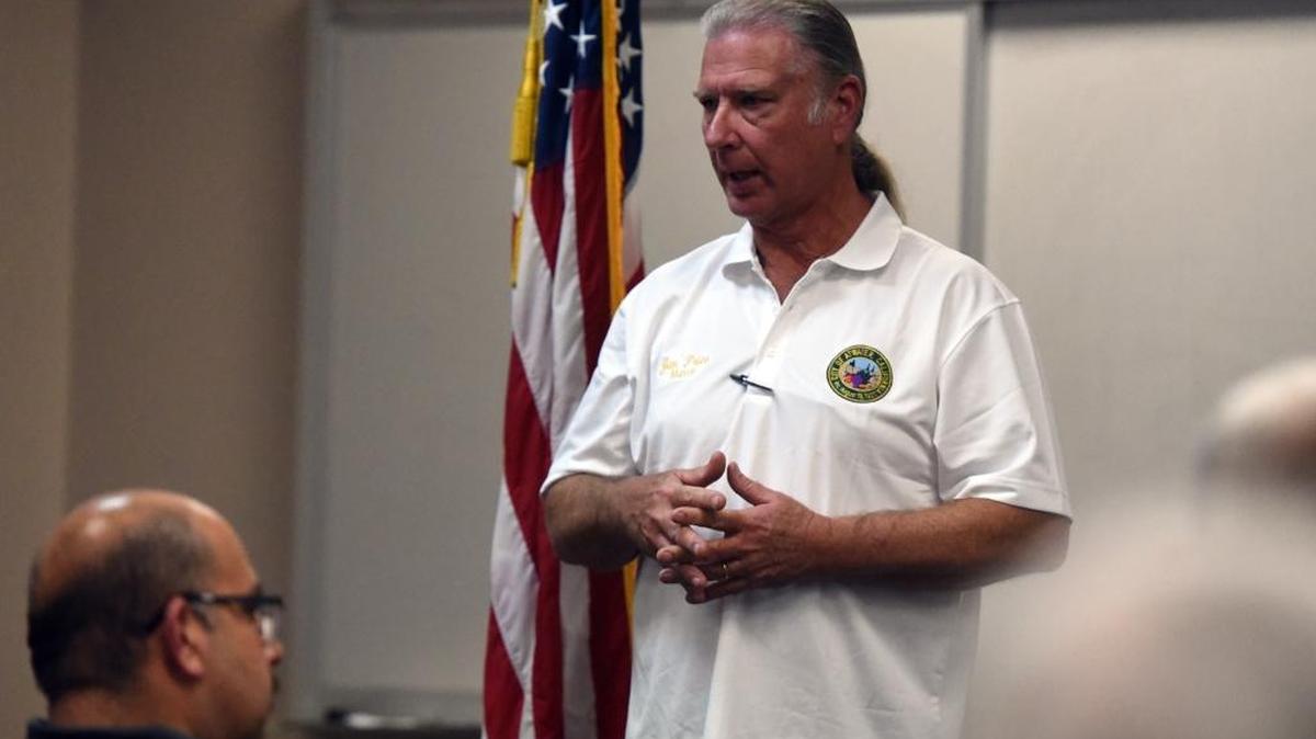 Atwater Mayor Jim Price speaks during a town hall meeting on Thursday at the Atwater Community Center. The discussion covered infrastructure, gang violence and water conservation.