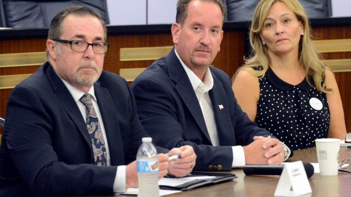 Incumbent Councilman Larry Bergman, left, candidate Paul Creighton, center, and candidate Cindy Vierra listen to instructions from a moderator before a forum at Atwater City Hall on Tuesday, Sept. 13, 2016. Candidate Dan Hernandez did not attend the forum sponsored by the Merced County Board of Realtors and the Merced Sun-Star.