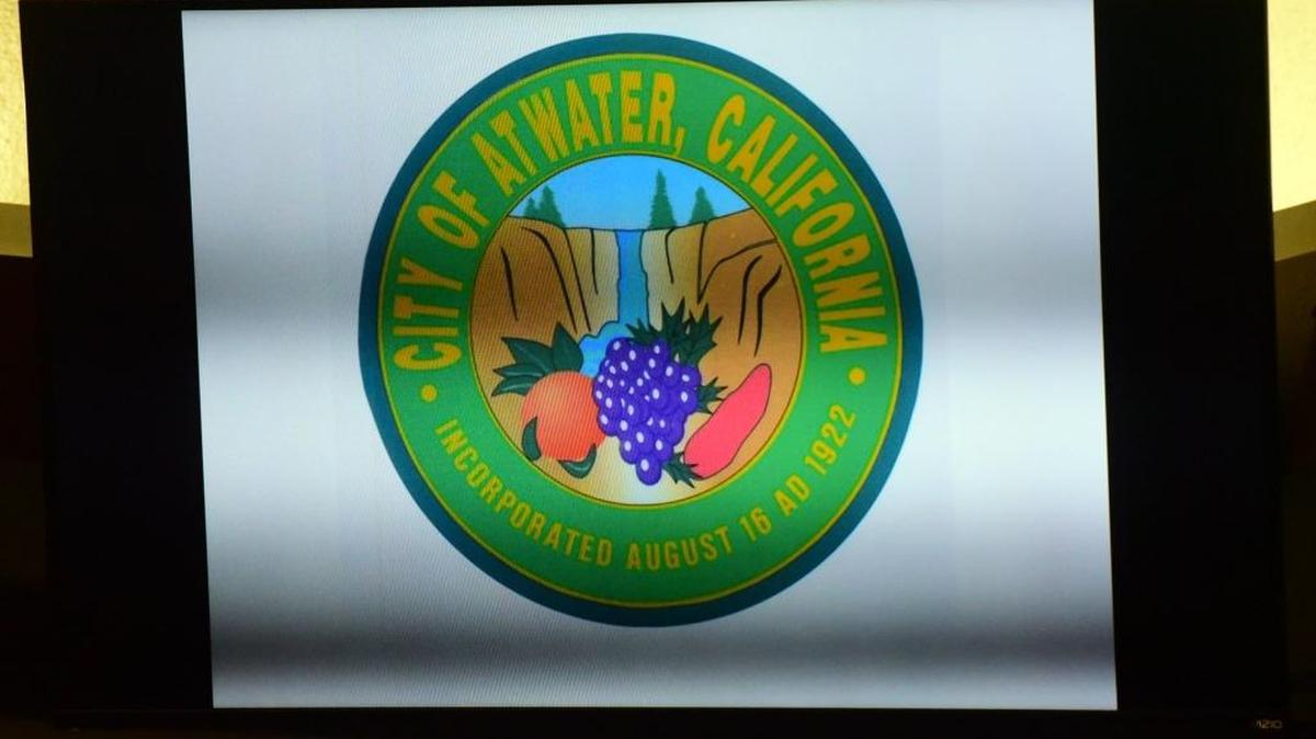 The Atwater seal as it appeared Thursday, Dec. 15, 2016, on a television inside the council chambers.