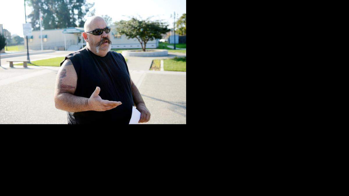 
Former Atwater code enforcement Officer Mike Teater, 54, speaks outside City Hall on Monday, days after being fired from his position. He claims he was fired in retaliation for a harassment claim he filed against city officials, including Police Chief Frank Pietro.
