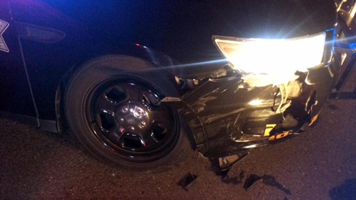 A fleeing suspect’s car damaged an Atwater police cruiser Tuesday, according to officers.
