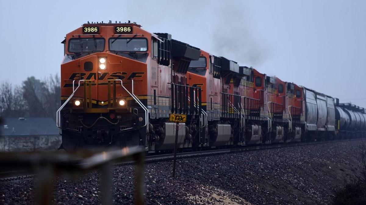 A BNSF moves through Merced in December.