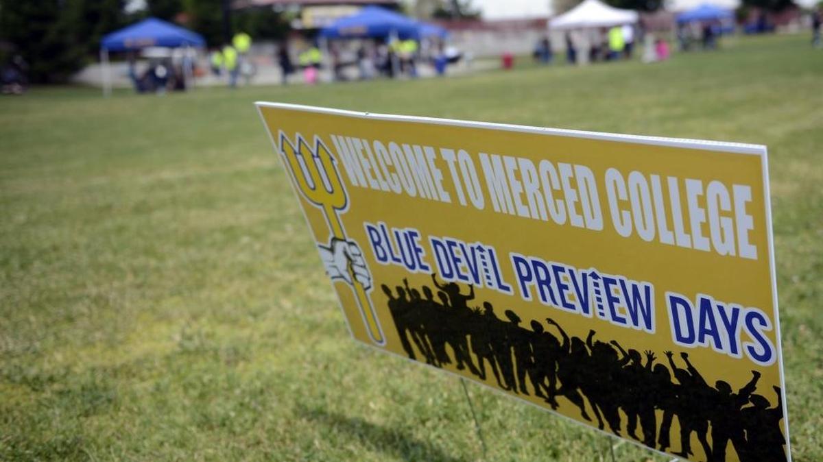 Hundreds of high school students visited Merced College campuses this week to get a tour and sign up for classes during the first ever Blue Devil Preview Days. A sign on Thursday, April 28, 2016, welcomed visitors.