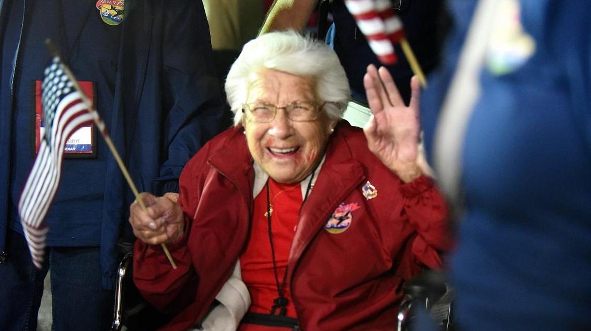Irene Sheppard Jones, 98, of Fresno is the first veteran to exit the Central Valley Honor Flightat Castle Airport in Atwater on Wednesday, Oct. 21, 2015.