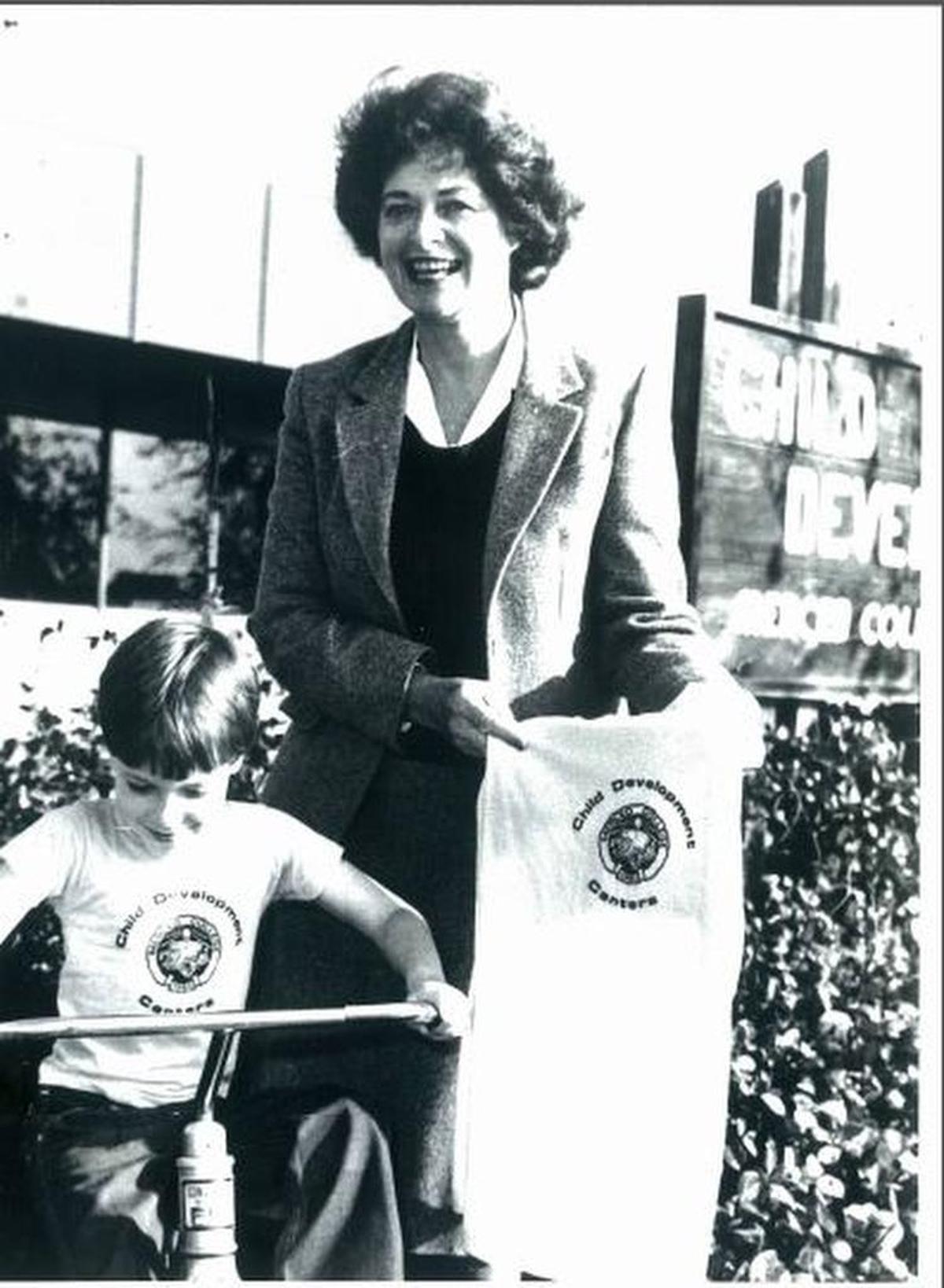 Margaret M. Randolph and student Matt Eggleston standing in front of the new Merced College Child Development Center on Jan. 7, 1983. Randolph passed on Feb. 28, 2018 at the age of 91.