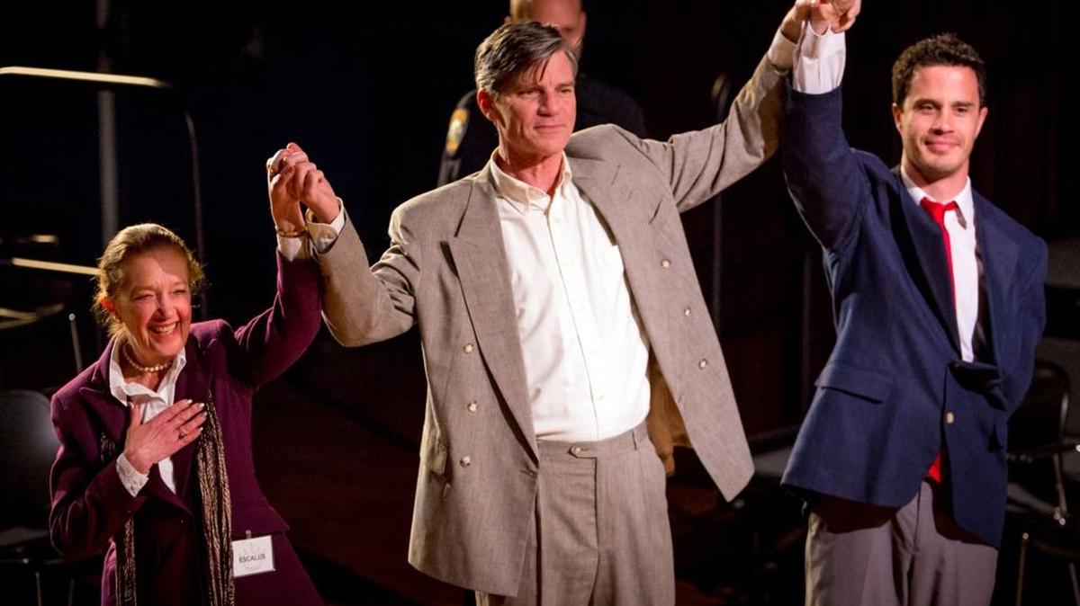 The duke, played by David Hambley, center, makes a triumphant return with Escalus, played by Linda Hammer-Brown, and Angelo, played by Joe Hypes, in a dress rehearsal of “Measure for Measure,” the latest production of Merced Shakespearefest. Several performances are planned this weekend and next at the Merced Multicultural Arts Center, 645 W. Main St.