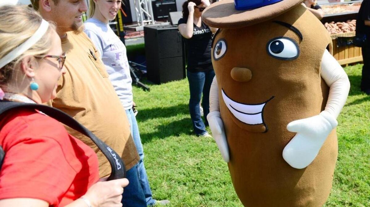 
Festivalgoers talk to Moe the Sweet Potato at the third annual California Sweetpotato Festival in Livingston last year. This year’s festival, called the Livingston Sweet Potato Festival, kicks off Oct. 2.

