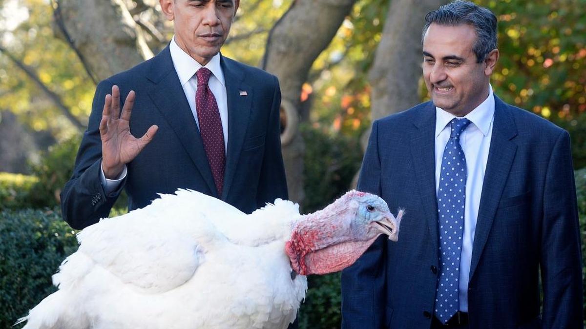 President Barack Obama pardons Abe and its alternate Honest, not shown, both 18-week old, 40-pound turkeys, as National Turkey Federation Chairman Jihad Douglas looks on during a ceremony at the White House on Wednesday in Washington, D.C.