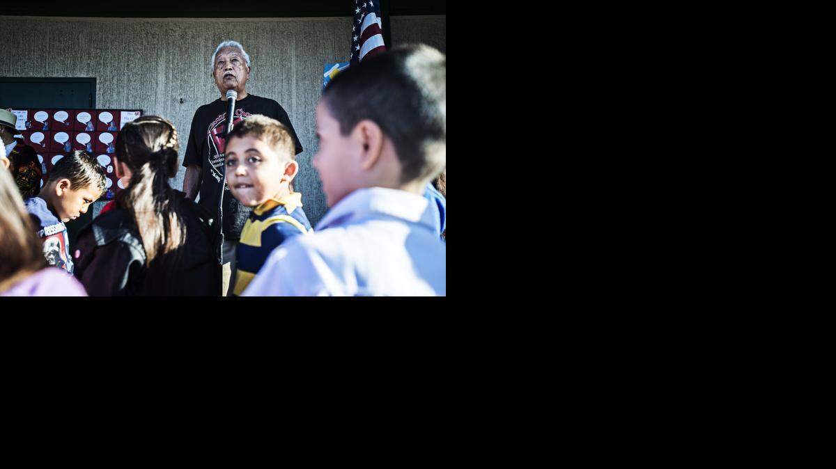 Librado Chavez Jr., 80, of San Jose, brother of Cesar Chavez, speaks to children Tuesday during Cesar Chavez Day at Campus Park Elementary School.<252><252>