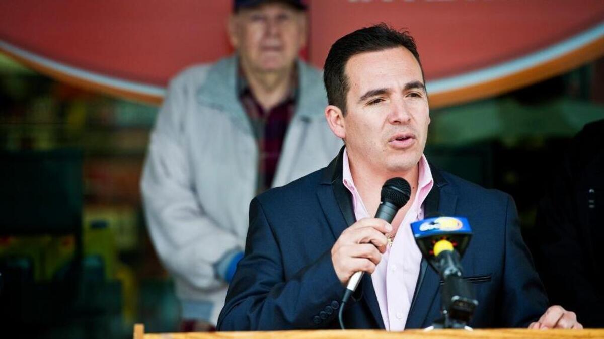 Jose Ramirez, who was Livingston city manager at the time, addresses a crowd at the opening of a new AutoZone, located at the intersection of B Street and Winton Parkway in Livingston, Calif., Tuesday, Jan. 20, 2015. Ramirez, who left the city in 2015, is the finalist for the job again, he confirmed.