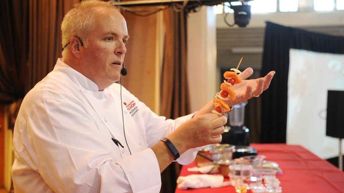 
Kagome Executive Chef Alan McDonald shows everyone how to make salmon and tomato skewers Saturday, Oct. 3, 2015, at the Los Banos Tomato Festival at the Los Banos Fairgrounds.

