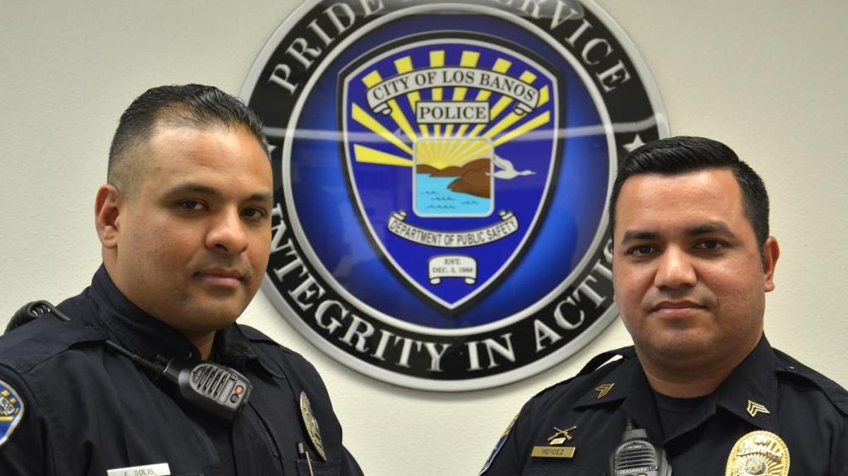 Los Banos Police officer Eduardo Solis, left, and Sgt. Ivan Mendez, pictured in this Tuesday, April 4, 2017, photo, along with officer Omar Mondragon have been named heroes after entering a burning home Thursday to save the residents.