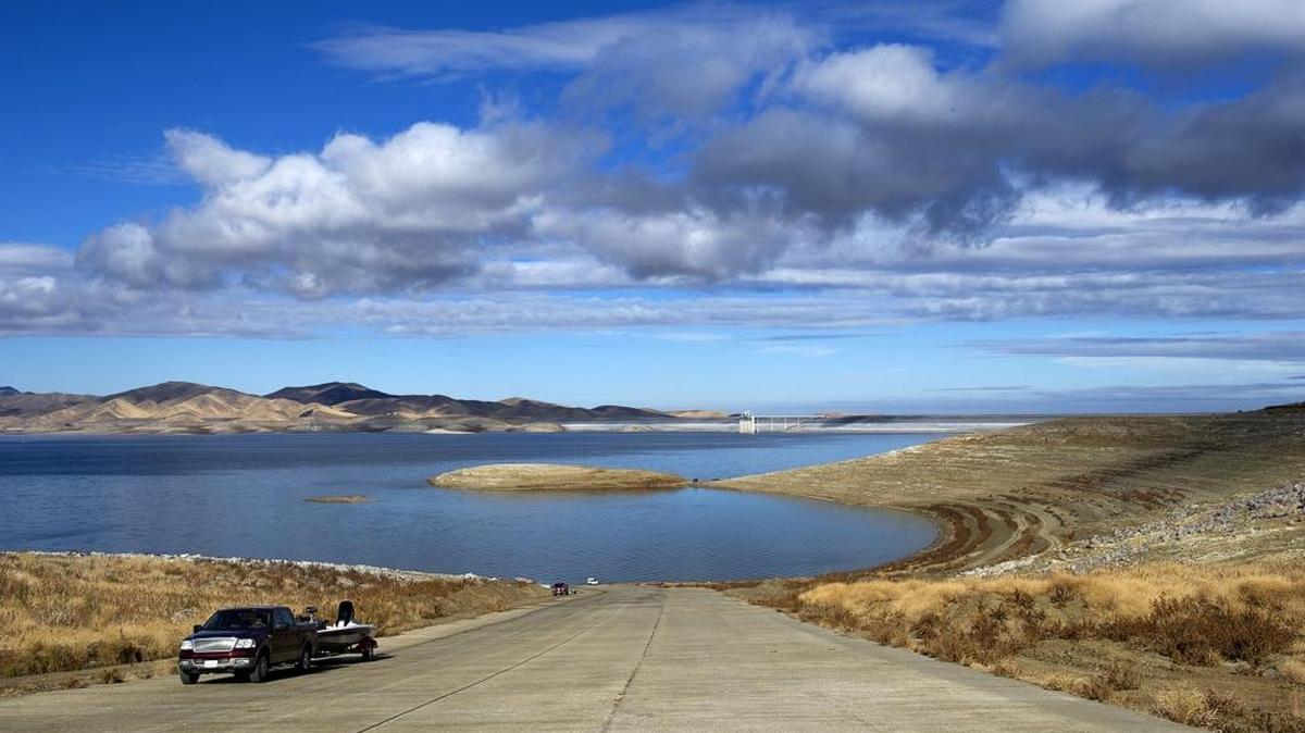 Basalt boat ramp at the San Luis Reservoir with the Diablo range on Thursday November 21, 2013.