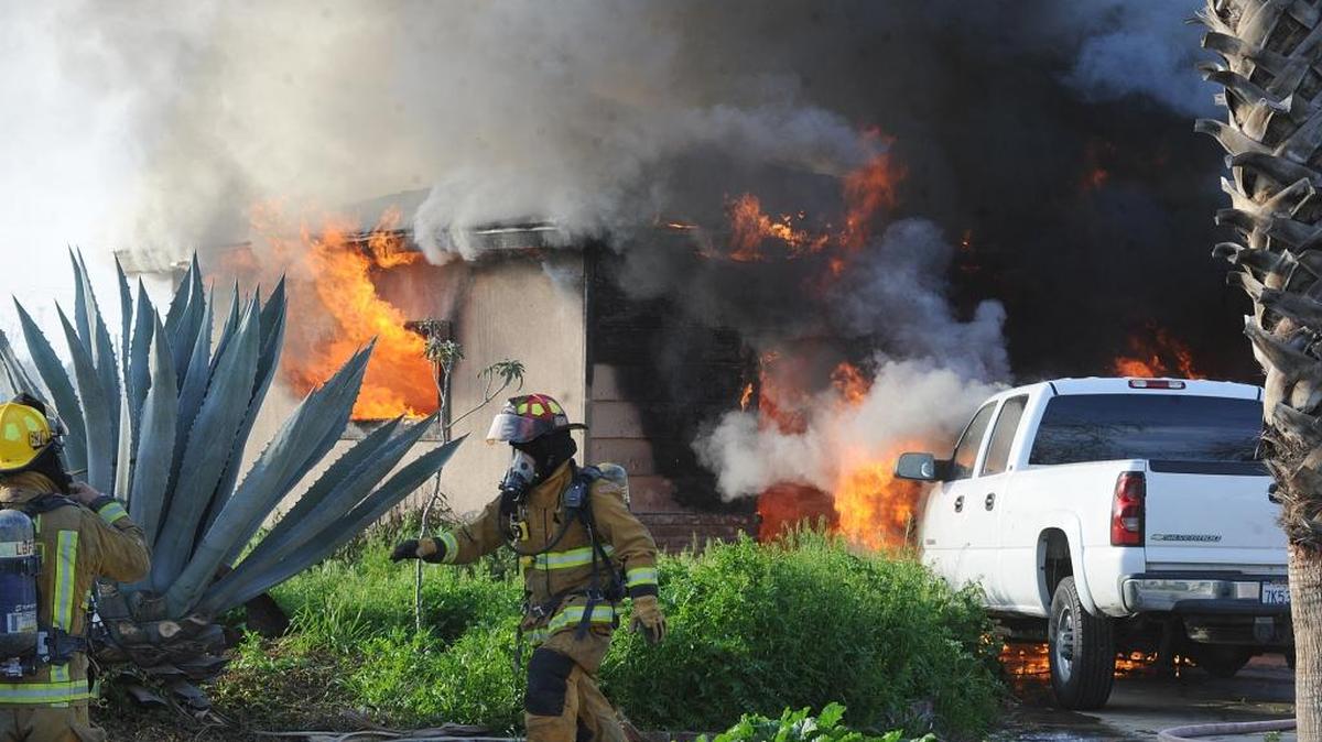 Fire gutted a Los Banos home on Tuesday, Feb. 9, 2016, claiming the life of a pet dog and sending one man to a hospital with minor injuries.