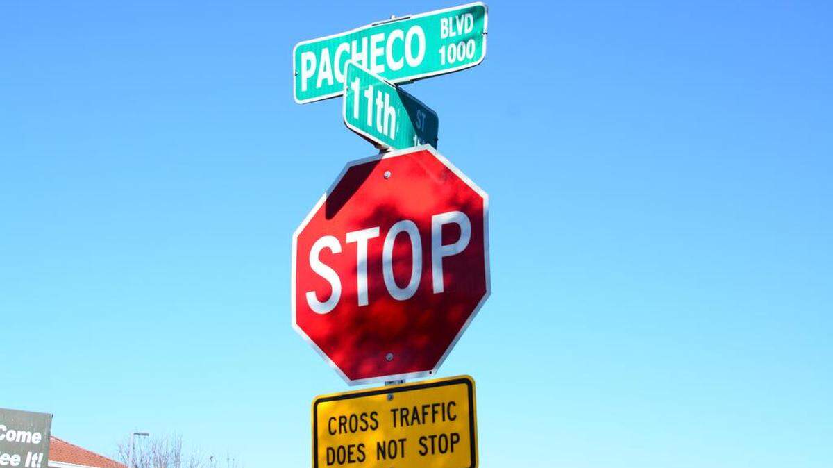 The stop sign near the intersection in Los Banos on 11th Street and Pacheco Boulevard on Thursday Feb. 15, 2018.