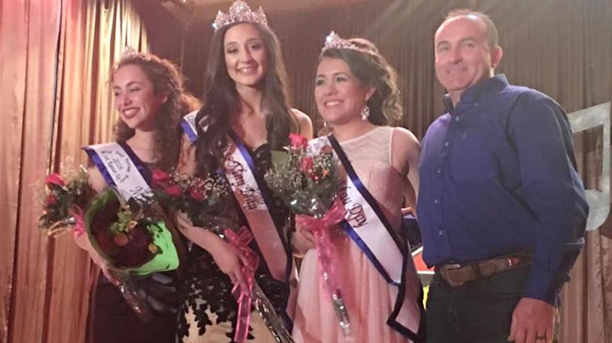 From left, first runner-up Taylor-Rain Coleman, May Day Queen Alexandria Lopes and second runner-up Karleen Lopez pose with judge Johnny Tacherra.