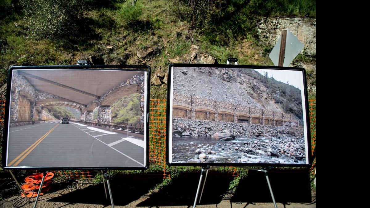 
Computer-generated renderings of plans for a new section of State Route 140 are seen during the California Department of Transportation’s Ferguson Project kickoff ceremony  in March. The $133 million project will restore highway access to a section of Highway 140 that was damaged by the Ferguson rock slide in 2006. The two phase project will result in a two-lane 750-foot rock shed along the existing route.
