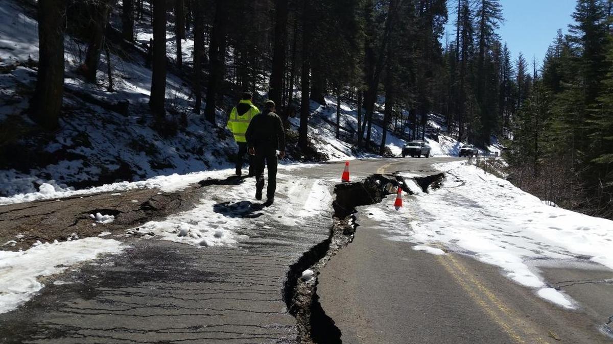 Big Oak Flat Road is closed between Crane Flat and Foresta after a 100-foot fissure resembling an earthquake fault opened in the road. Heavy storms saturated the soil, causing it to shift under the road.