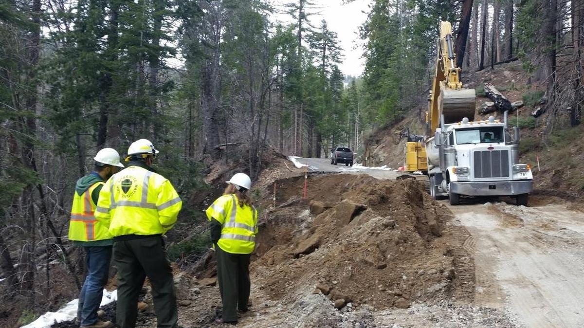 Yosemite National Park, Federal Highway Administration and contractors work to repair the Big Oak Flat Road in Yosemite National Park on Friday, March 10, 2017. There is no estimated reopening date for the road that leads to Yosemite Valley, officials said Monday, March 13, 2017.
