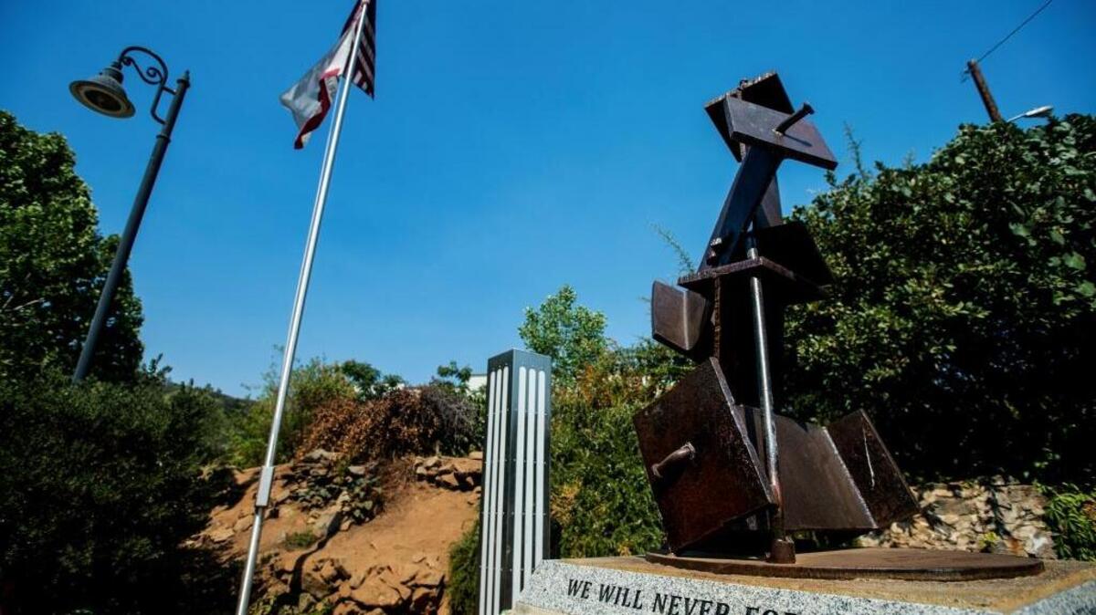 
A 9/11 memorial containing pieces of steel I-beams from the World Trade Center sits at Mariposa Arts Park.
