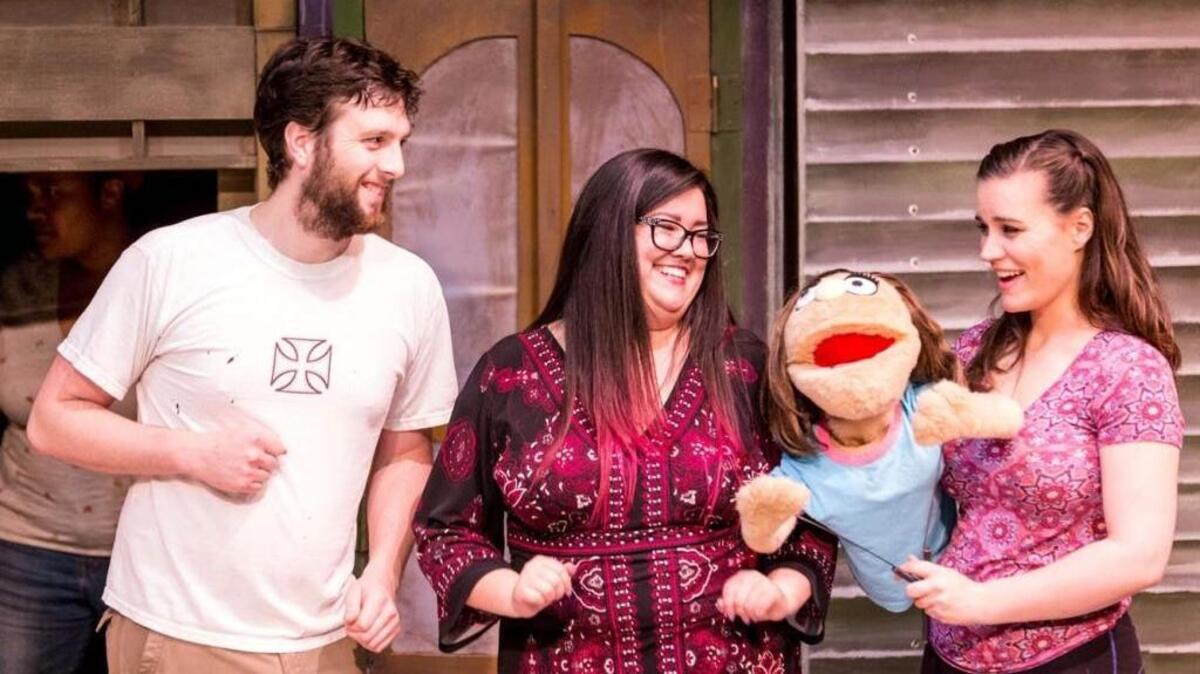 From left, Chris Battisti, Katy Uyeno and Rachel Pearre perform in a rehearsal of “Avenue Q” at Playhouse Merced. The show continues Friday, May 5, 2017.