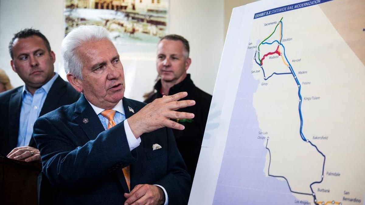 Rep. Jim Costa, D-Fresno, answers questions about the proposed high-speed rail route during a news conference announcing plans to include Merced along the route at the office of Assemblyman Adam Gray, D-Merced, in Merced on April 22, 2016.