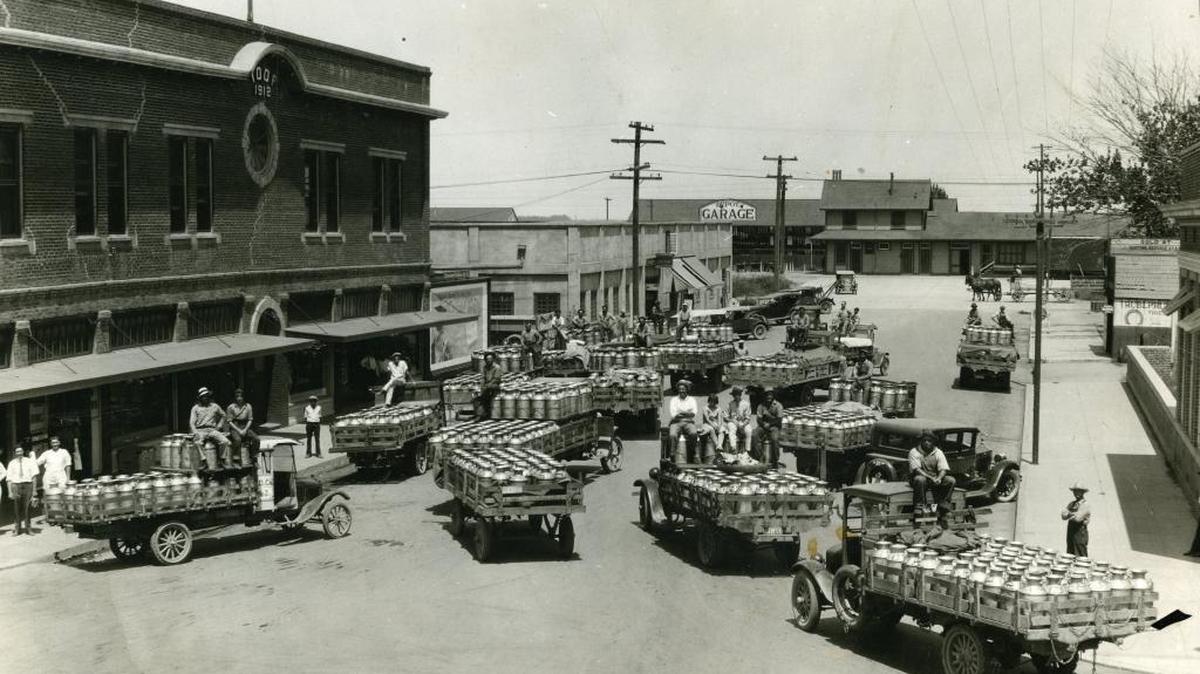 Dairy delivery by Gustine Southern Pacific depot, 1922. Gustine is the dairy center of Merced County.