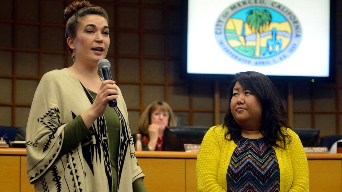 Valley Crisis Center Volunteer Coordinator Sophie Kanabay, left, and Director Chee Yang speak about Teen Dating Violence Awareness and Prevention Month during a Merced City Council meeting on Feb. 6.