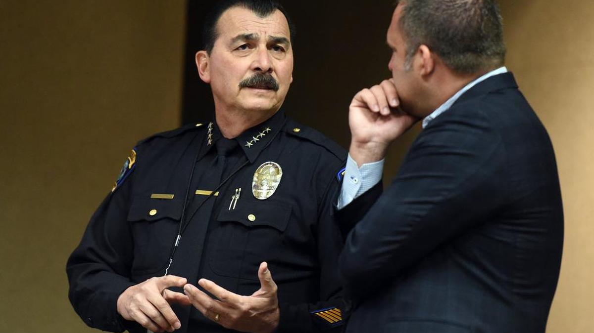 Merced police Chief Norm Andrade speaks with state Assemblyman Adam Gray, D-Merced, at City Hall on Friday, June 17, 2016, before a summit to address Merced County violence. Officials rolled out the Violence Interruption/Prevention Emergency Response program, which still needs Gov. Jerry Brown’s approval to go forward.