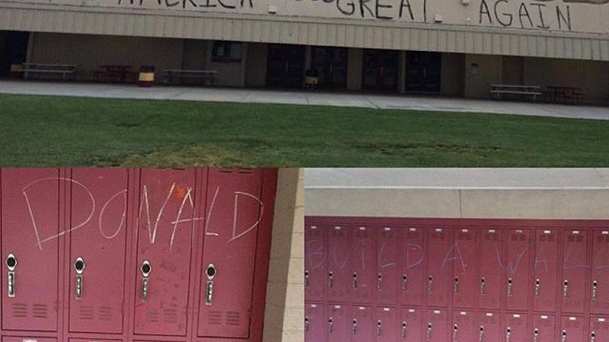 Graffiti discovered Thursday at Los Banos High School included the name of presidential candidate Donald Trump. School officials say a camera recorded two vandals wearing masks.