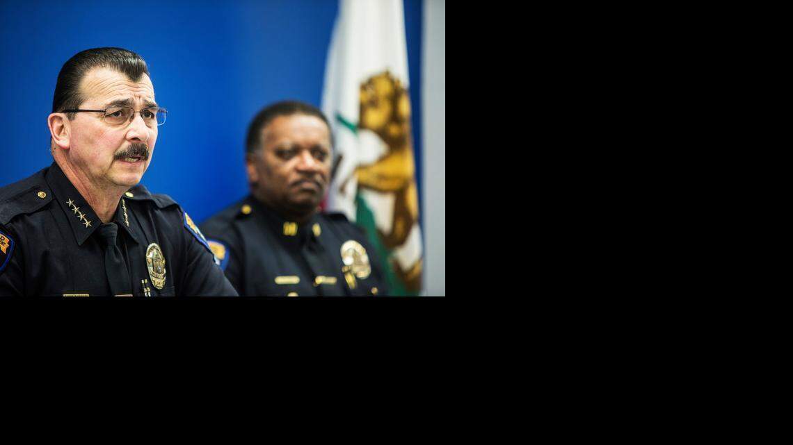 
Merced police Chief Norman Andrade addresses the media during a press conference Sunday after the Saturday shooting of a Merced Police officer on H Street. According to Andrade, an officer was shot at 2:33 a.m. Saturday morning after stopping a vehicle for failing to yield to another vehicle in the 2100 block of H Street. Two suspects have been arrested and are in custody.
