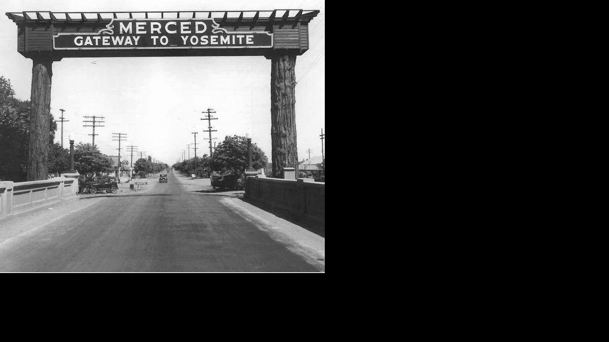 
The Merced Arch by Bear Creek near 16th Street during the 1920s.

