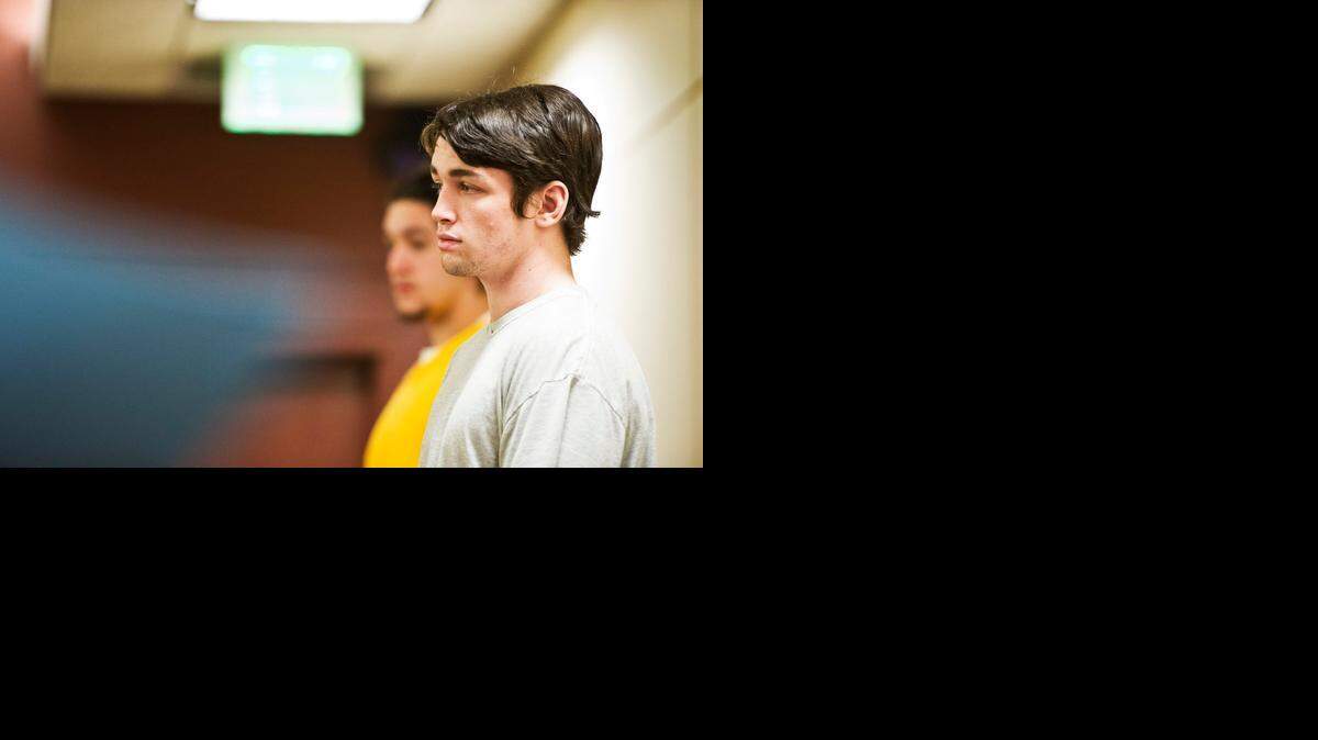 SUN-STAR FILE PHOTO
Ethan Morse, foreground, and Jacob Tellez of Merced appear in front of judge Ronald W. Hansen at the Merced County Courthouse in Merced. They are charged with murder in connection with the deaths of three teenagers who were shot and killed at a house party on March 30, 2013, near Atwater.
