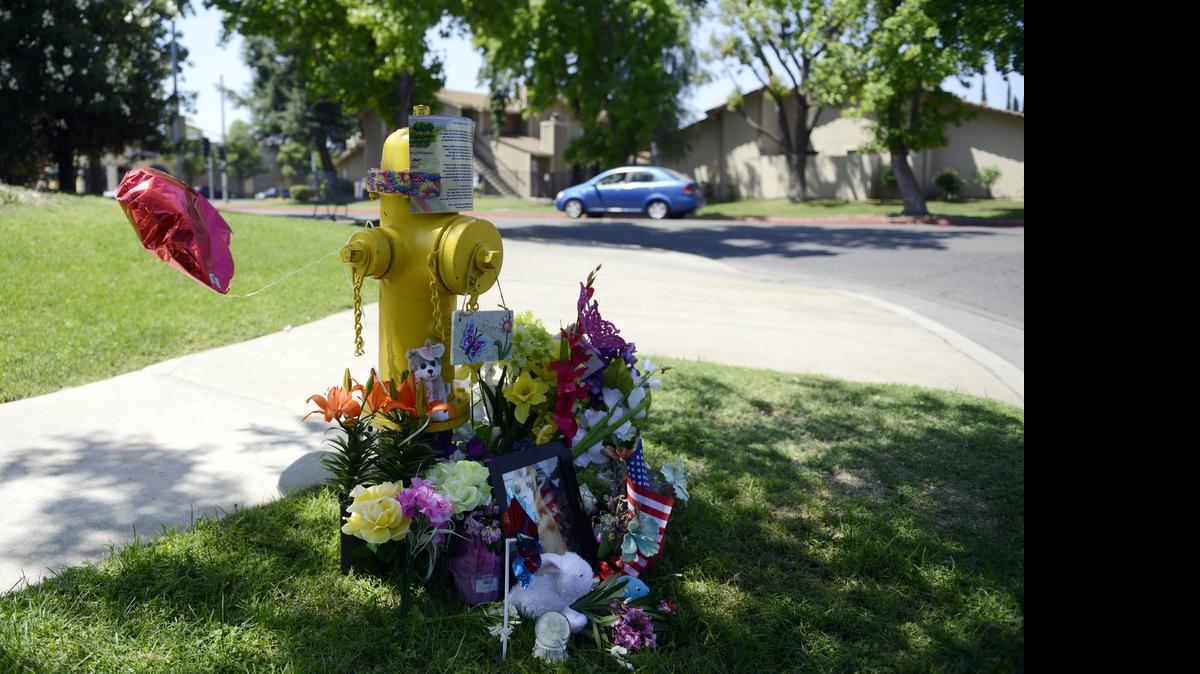 
A heart-shaped balloon tumbles in the wind at a makeshift memorial Monday around a fire hydrant, where two men tied up a year-old dog and brutally attacked it with a machete.

