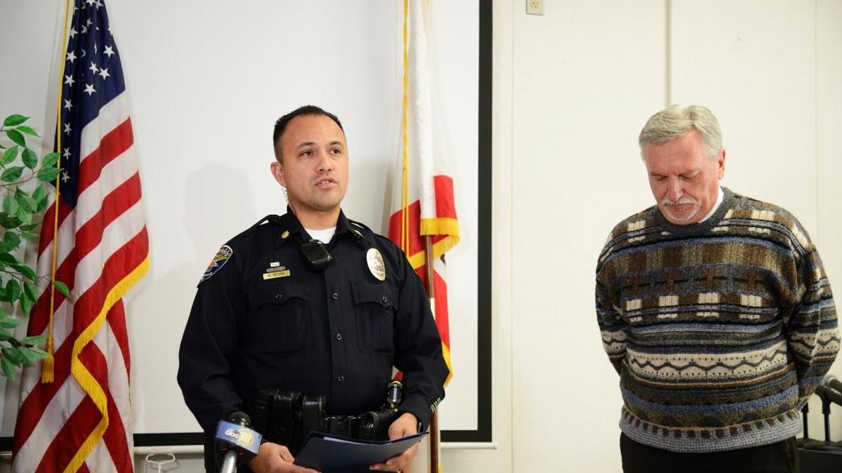 Los Banos’ acting police chief, Cmdr. Ray Reyna, left, and Los Banos Unified School District Superintendent Steve Tietjen announce the arrests of Pacheco High School English teacher Gary Bettencourt, 40, and his girlfriend Devyn Egan, 22, on suspicion of lewd acts on a teenager, at the Los Banos Unified School District office in Los Banos on Wednesday, Feb. 3, 2016. According to a police statement, both victims were students of Bettencourt’s.