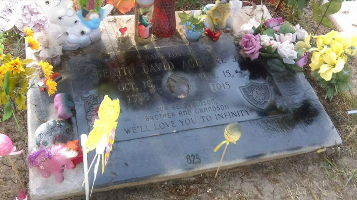 Benito Aguirre’s headstone was recently spray-painted black. The paint has since been removed by Aguirre’s mother. Family don’t know who is responsible for the vandalism, but they want it to stop.
