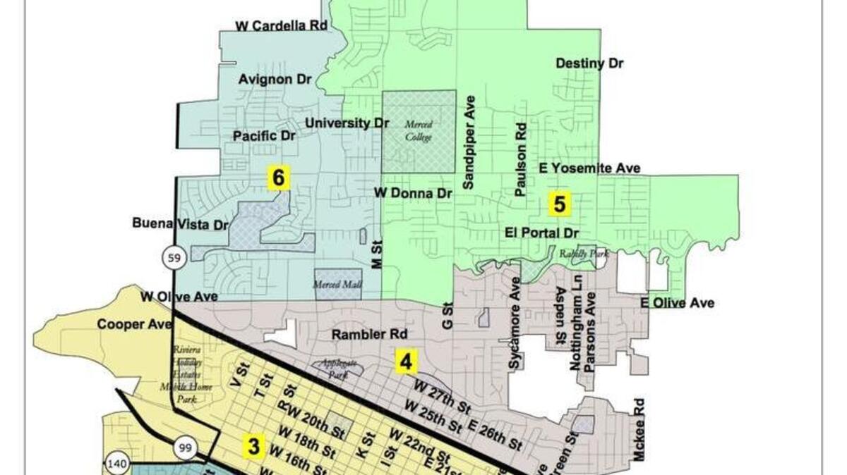 
For: Uses natural boundaries and streets to break up districts; keeps downtown intact. 
Against: One district has both downtown and Merced Municipal Airport, leaving adjacent district without economic driver. 


