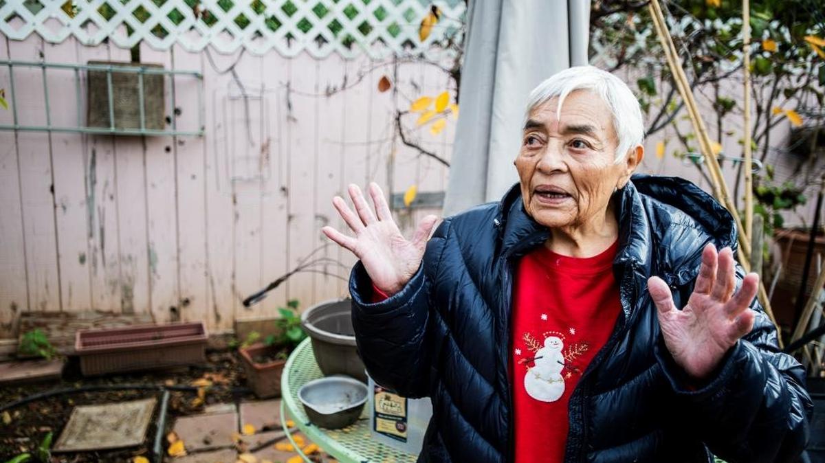 Rosa Godoy, 88, of Merced stands in her backyard on Tuesday, Dec. 8, 2015, where she fell on Oct. 19 while spraying water at a cat to keep it from eating her dog’s food. Godoy’s calls for help were heard by two Merced garbage collectors, David Soto, 40, and Mike Schlessinger, 33, both of Merced. The men hopped the fence to help Godoy, who had been laying overnight in a puddle of water.