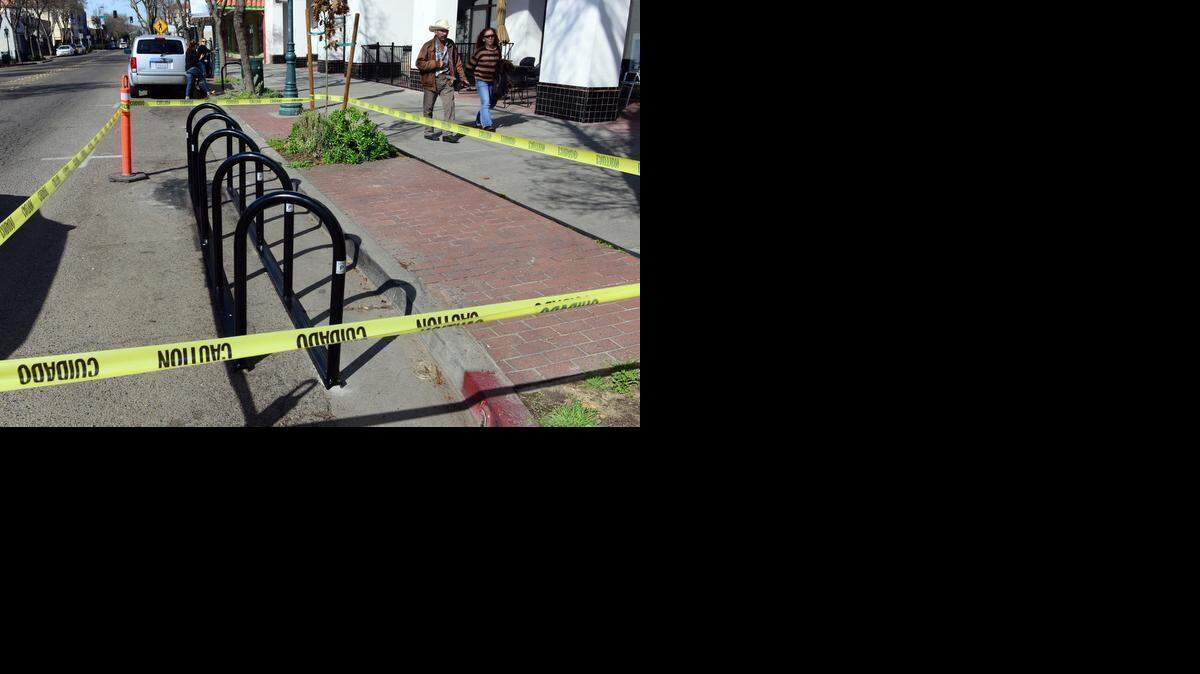 
A newly installed bike rack sits in a former parking space on Main Street in Merced on Wednesday. The city put 52 new racks downtown, and a couple of them have replaced parking spaces.
